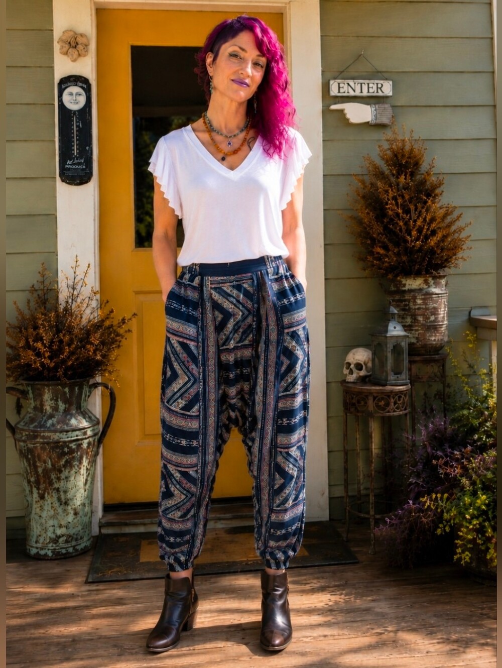 BCBGeneration Geometric Print Drop Crotch Harem Pants Size M